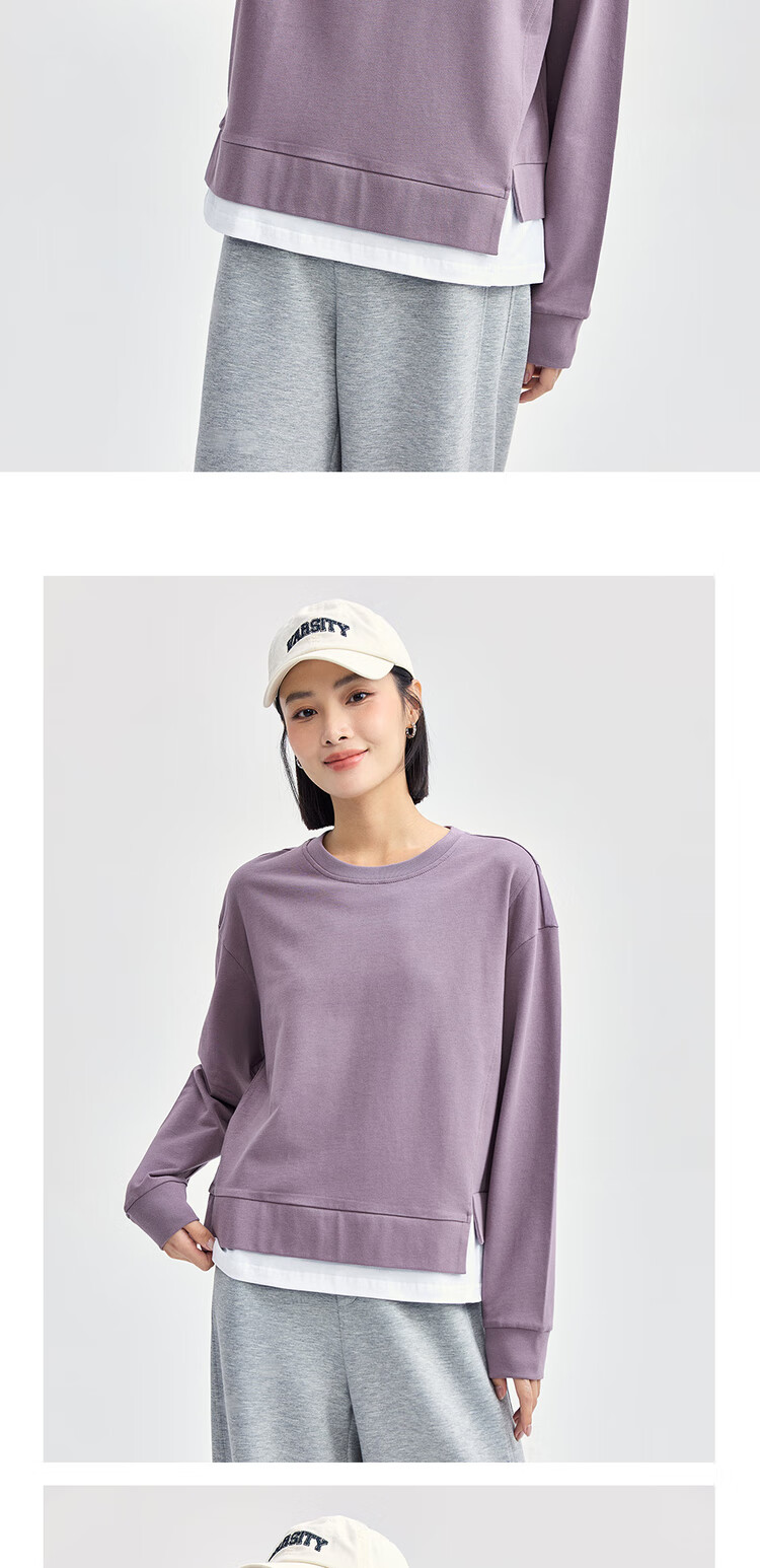 Giordano Women's Sweatshirt, Pure Cotton, Faux Two-Piece, Irregular Hem, Youthful Round Neck Pullover, Women's Style 13324734 11