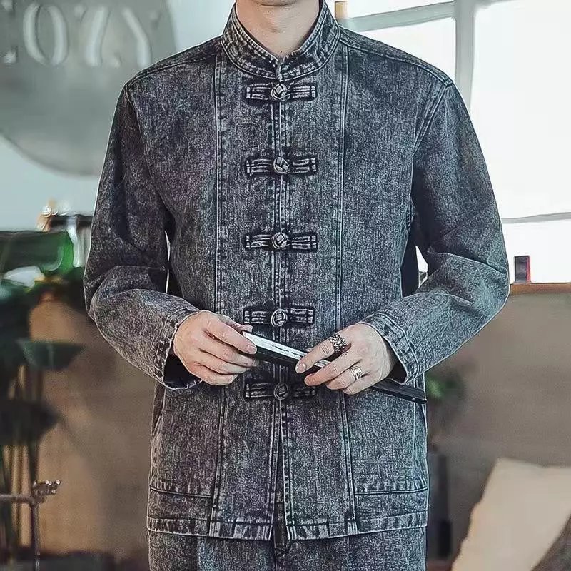 jeep/吉普轻奢高端品牌男装中国风男装刺绣牛仔套装唐装男国潮盘扣