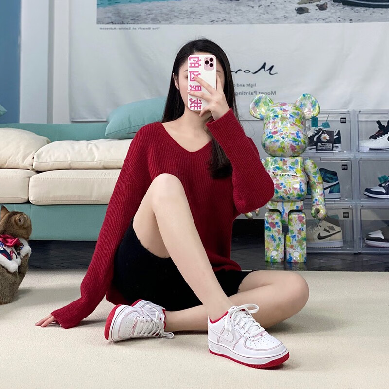 耐克nike air force 1空军一号女款af1白红缝线低帮休闲板鞋 cw1575