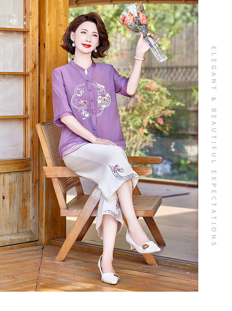 Hodo New Chinese Style Summer Shirt Set for Moms 2026 New 50-60 Years Old Middle-aged and Elderly Women's Two-piece Top Set 9