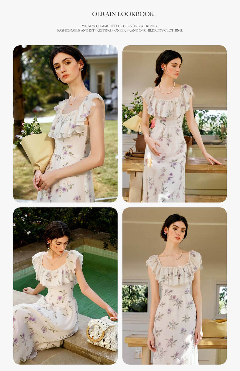 Olrain Purple Gentle French Style Dress Women Summer Square Neck Waist Slimming Long Dress Purple L 10
