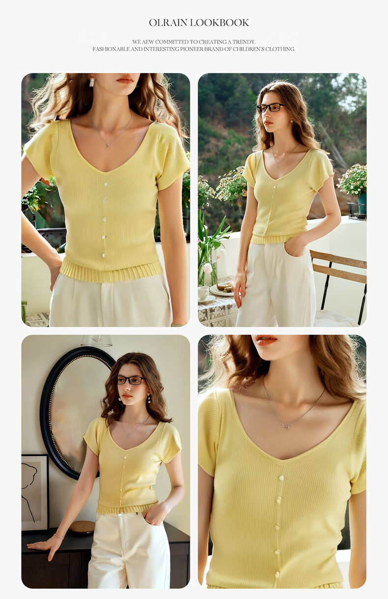Olrain Yellow French Style Elegant Knitwear Women's Summer Slim Fit Short Top Yellow L 10
