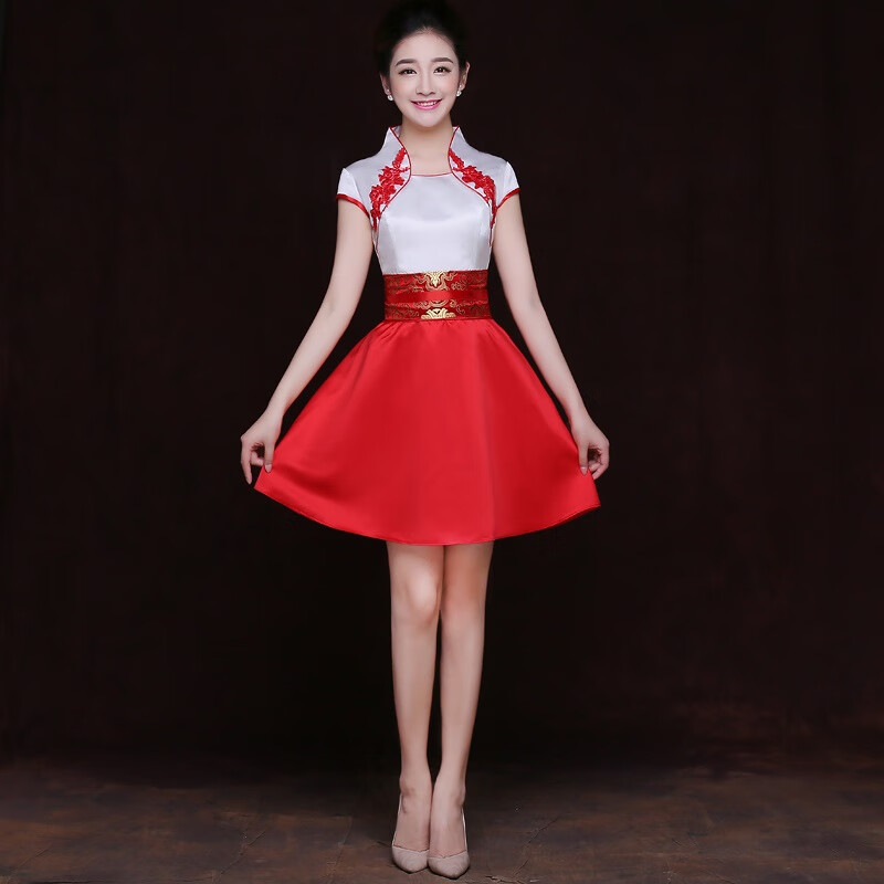 礼仪小姐礼服旗袍迎宾服装女礼仪小姐服长款青花瓷服礼仪 白红短的袖