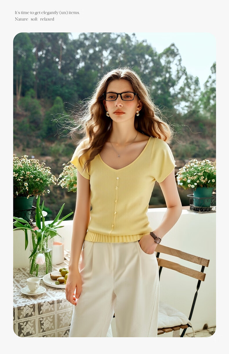 Olrain Yellow French Style Elegant Knitwear Women's Summer Slim Fit Short Top Yellow L 11