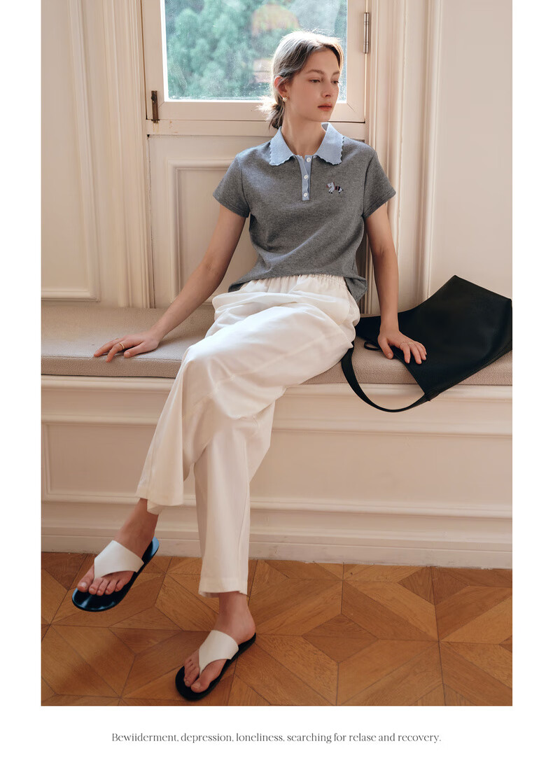 Olrain Colorblock Wave Edge Polo Collar Design T-Shirt Women Summer Short Sleeve Top Gray XL 15
