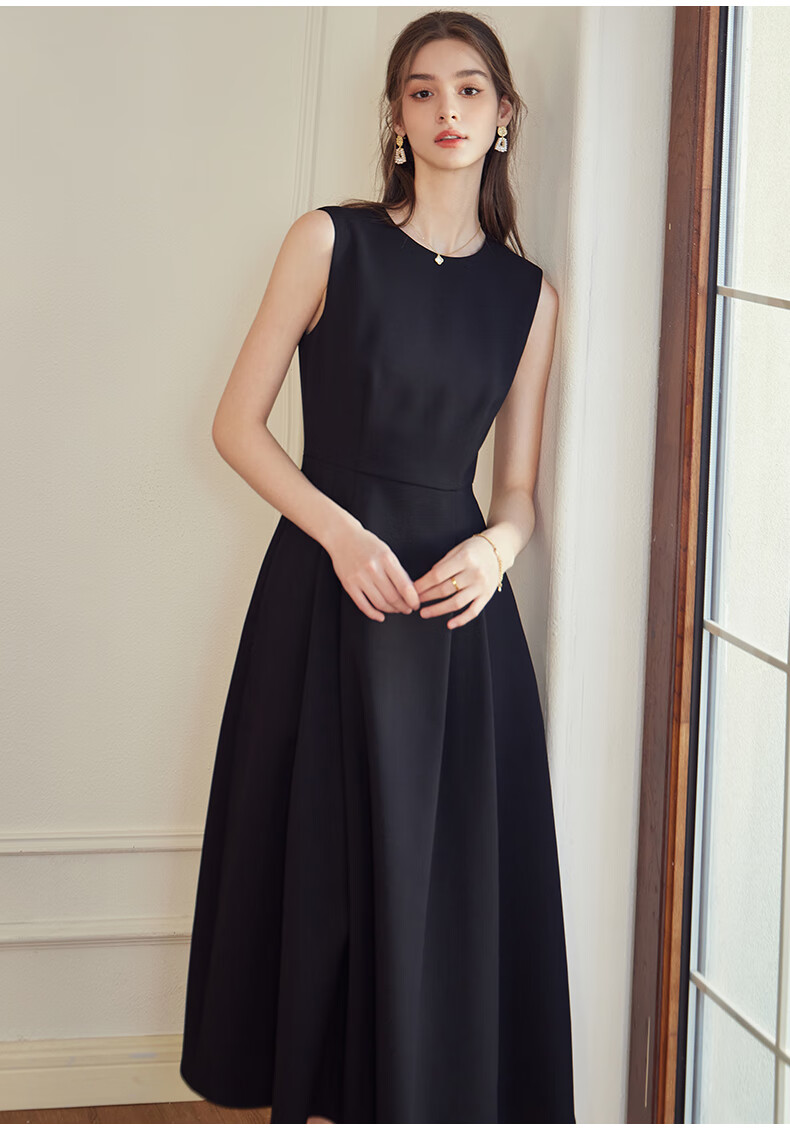 ROEYSHOUSE French Style Waist-Slimming Sleeveless Dress Autumn Commuting Round Neck Dress 09928 Black XL 14