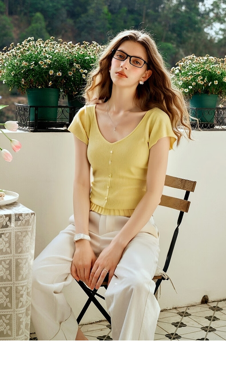 Olrain Yellow French Style Elegant Knitwear Women's Summer Slim Fit Short Top Yellow L 14