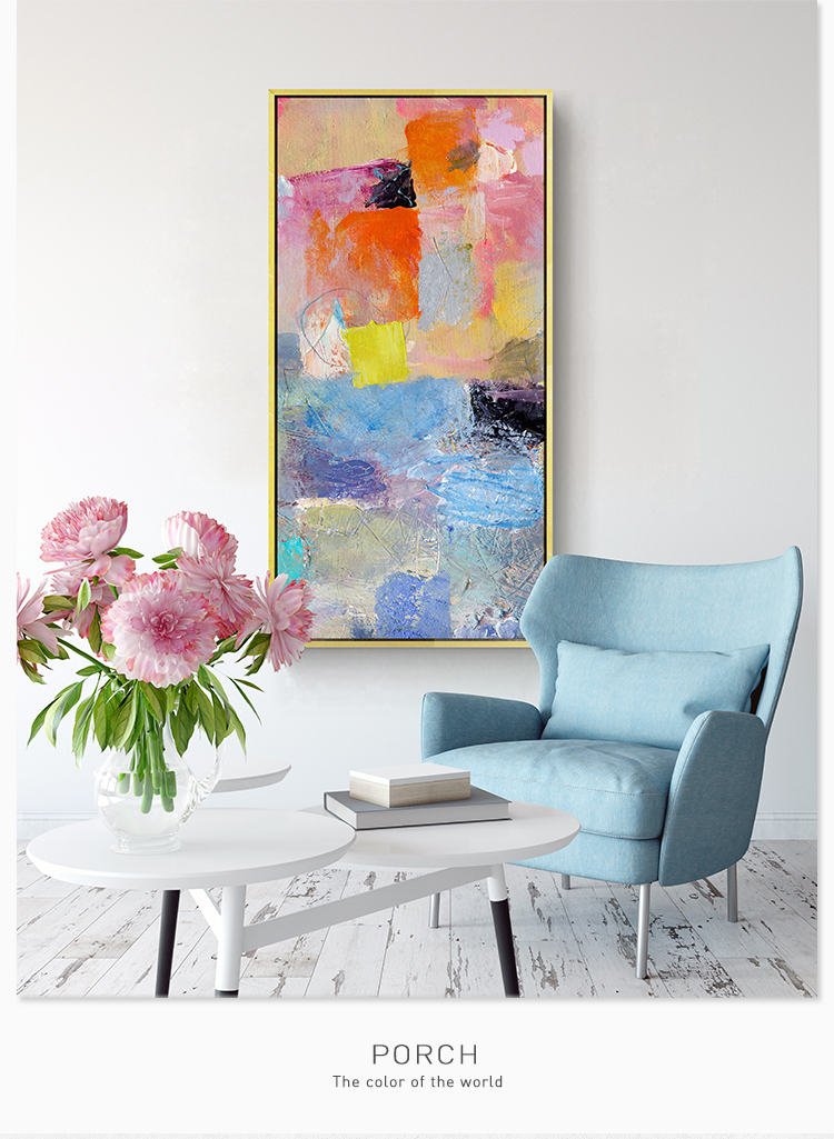 纯手绘仙鹤山水油画拼色主义现代简约抽象油画玄关装饰画竖版挂画蓝色