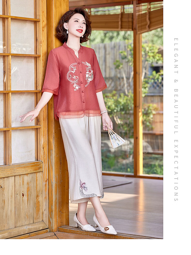 Hodo New Chinese Style Summer Shirt Set for Moms 2026 New 50-60 Years Old Middle-aged and Elderly Women's Two-piece Top Set 16