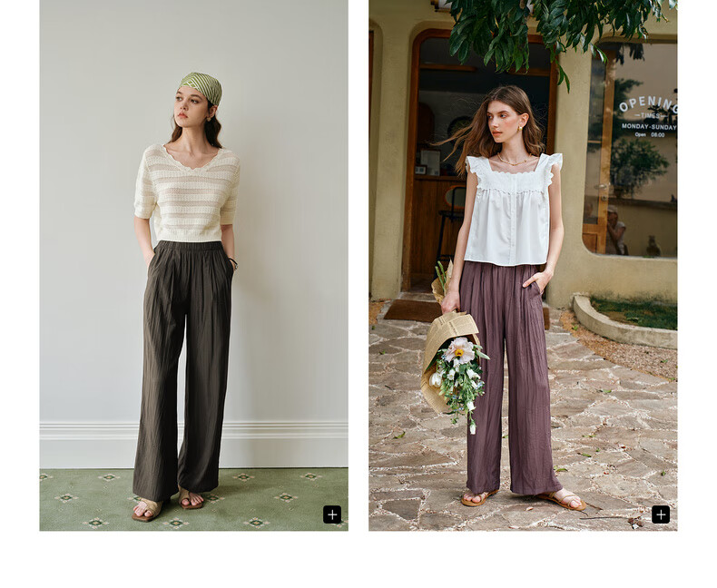 Olrain Women's Loose Lazy Straight-Leg Pants Summer Elastic Waist Casual Pleated Wide-Leg Pants Purple M 8