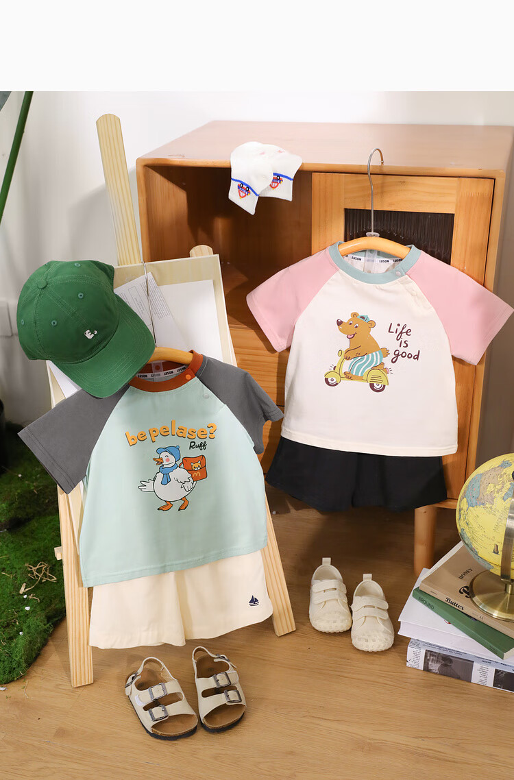 LUSON Baby Boy Short Sleeve T-Shirt, Cute Round Neck Contrasting Color Raglan Sleeve, New Style for 2025, Infant Top 26