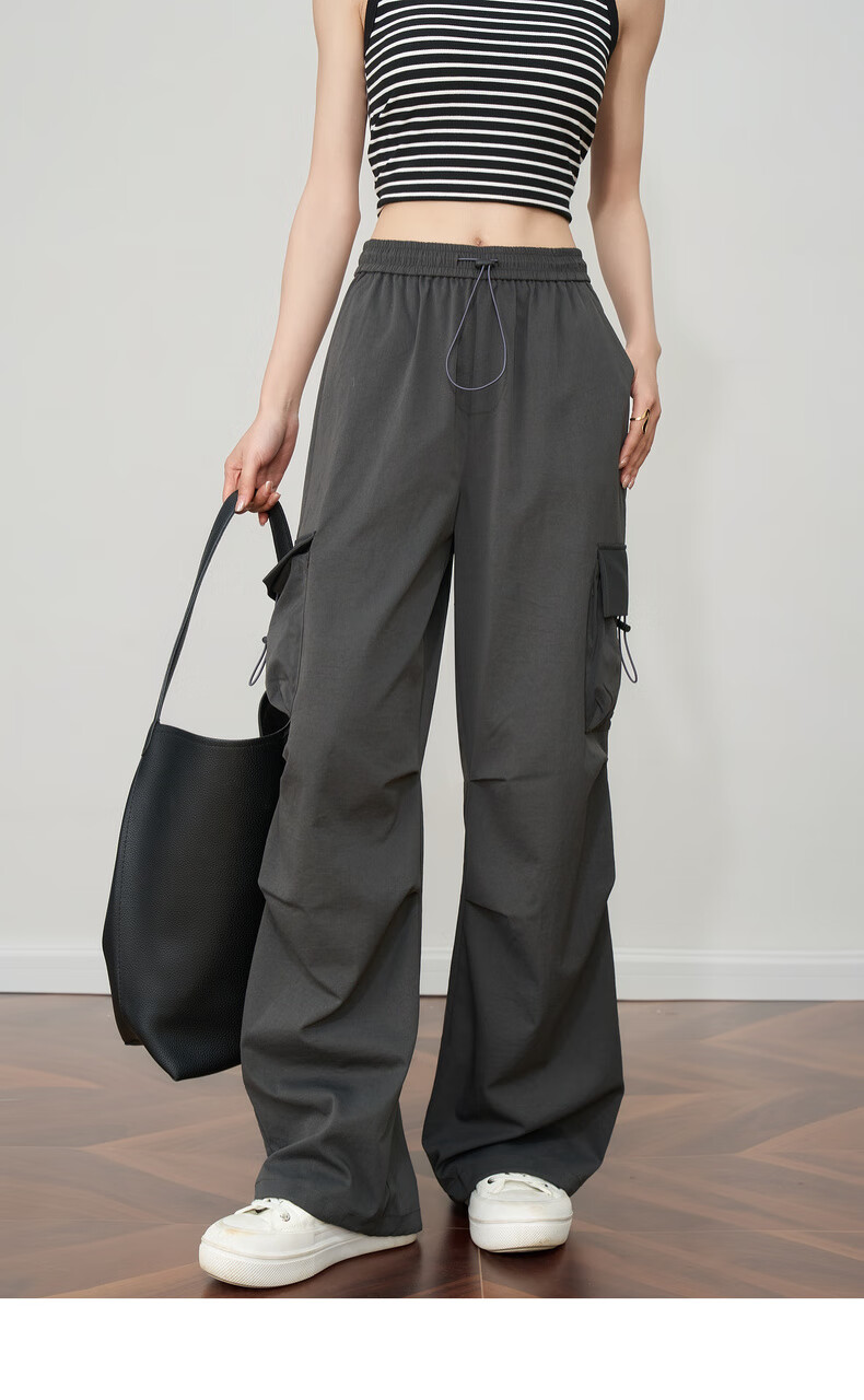 Olrain Women's Gray American Casual Workwear Pants Summer Vintage Sports High-Waist Trousers Gray XL 21
