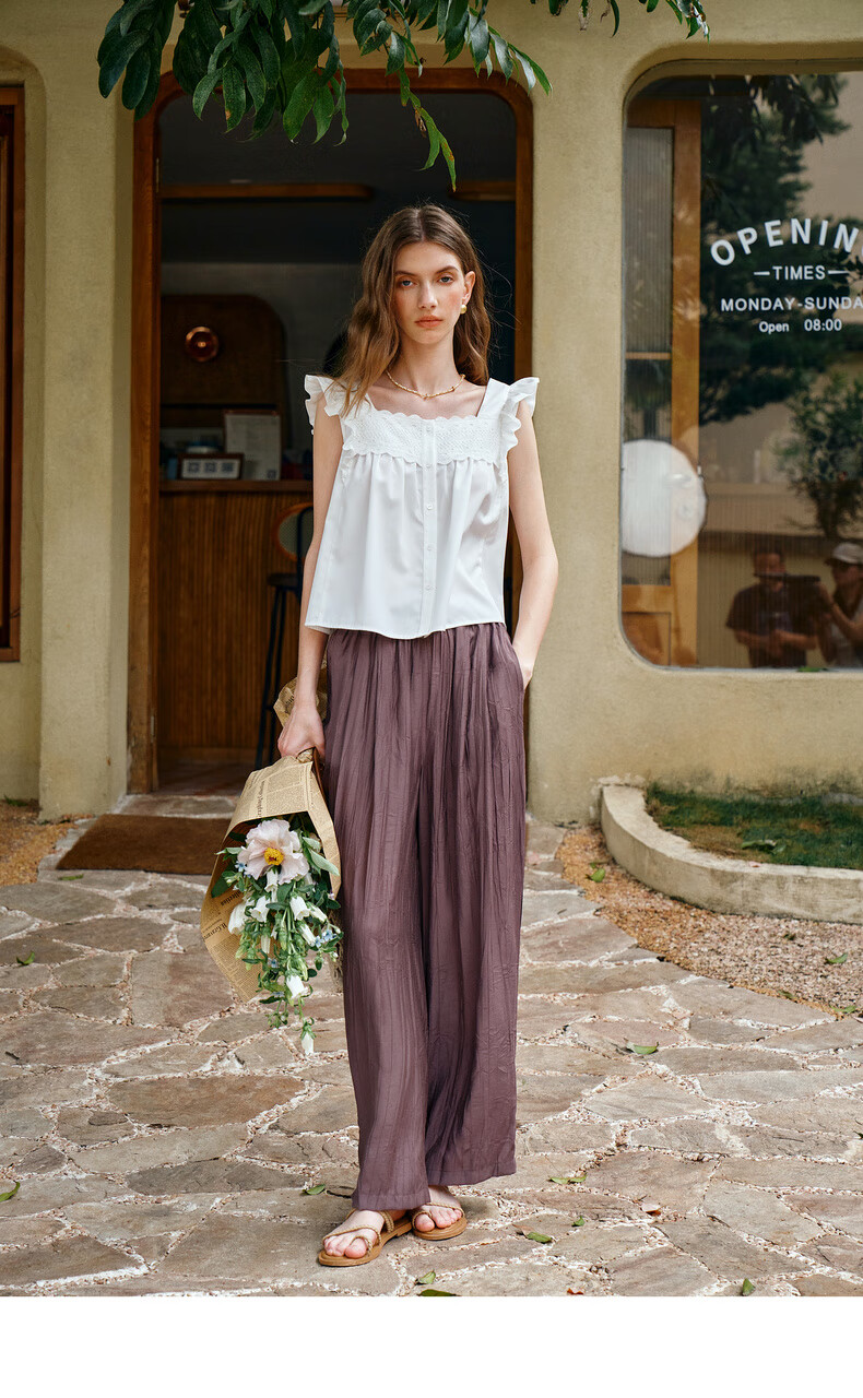 Olrain Women's Loose Lazy Straight-Leg Pants Summer Elastic Waist Casual Pleated Wide-Leg Pants Purple M 21