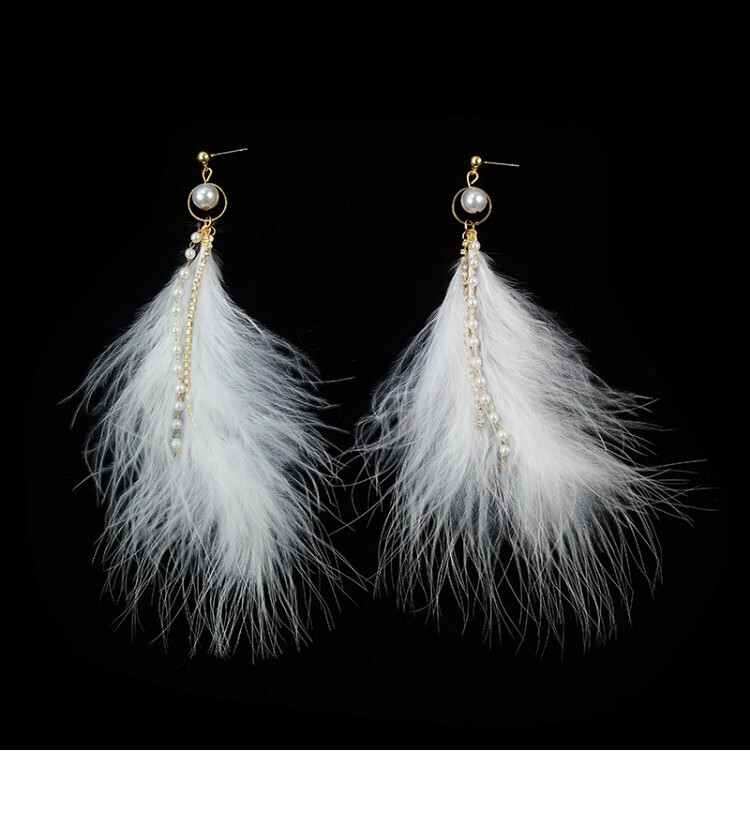 兮小狸 时尚气质仙白色羽毛耳环女韩版百搭人工珍珠流苏长款耳坠 e