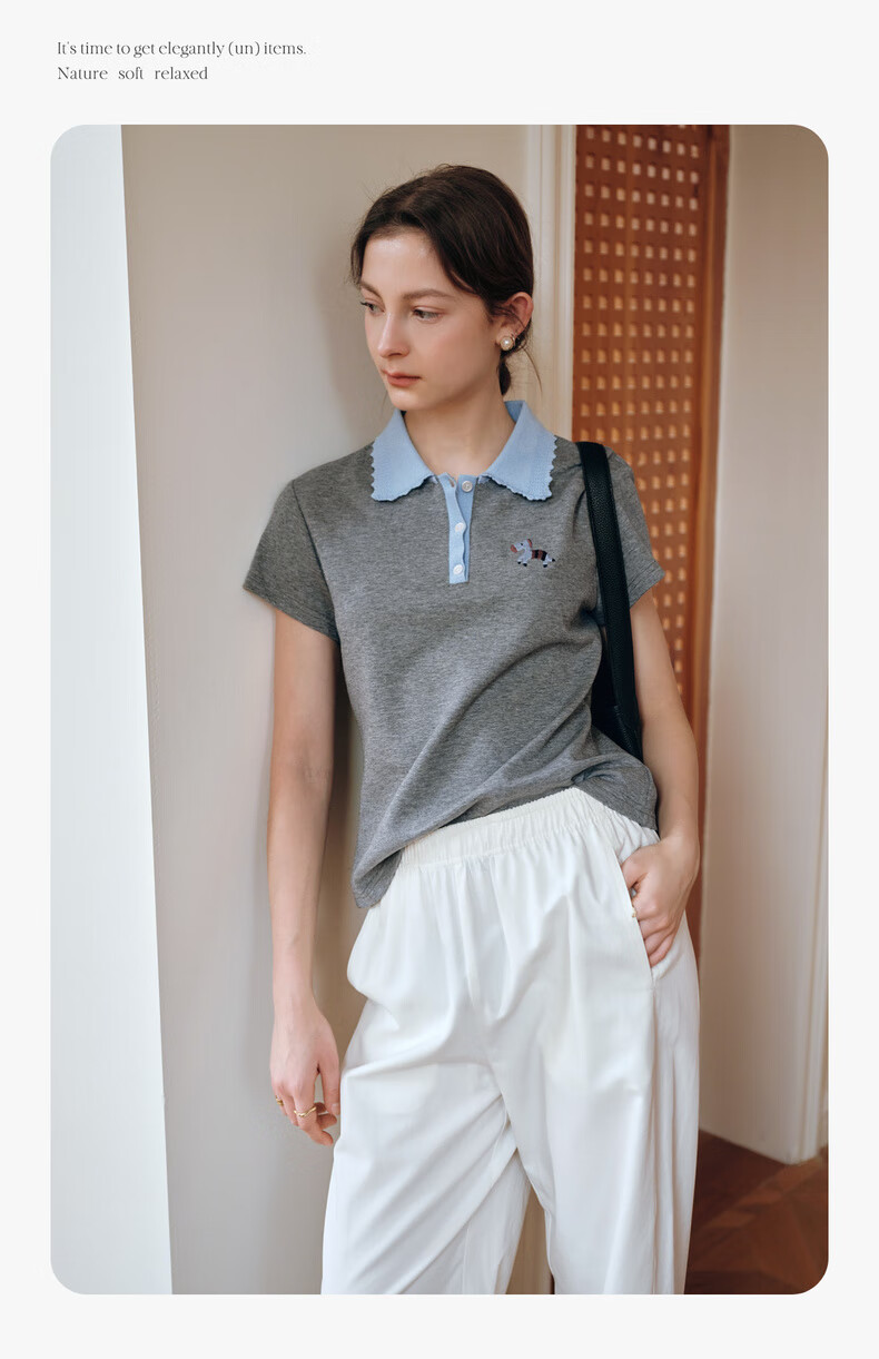 Olrain Colorblock Wave Edge Polo Collar Design T-Shirt Women Summer Short Sleeve Top Gray XL 11