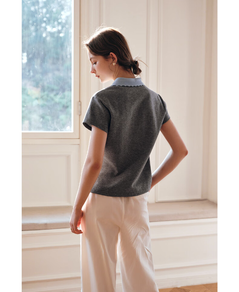 Olrain Colorblock Wave Edge Polo Collar Design T-Shirt Women Summer Short Sleeve Top Gray XL 17