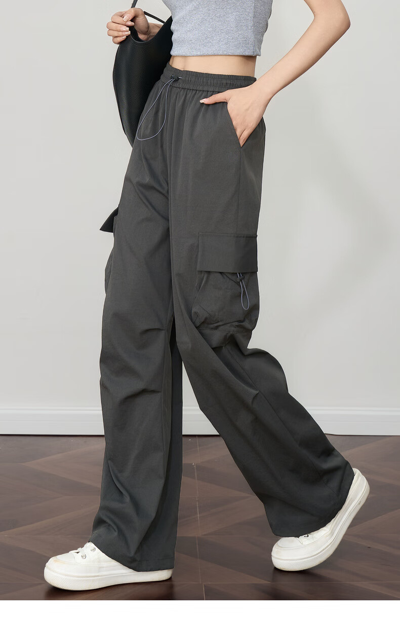Olrain Women's Gray American Casual Workwear Pants Summer Vintage Sports High-Waist Trousers Gray XL 24