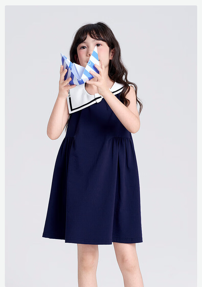 DEESHA Girls' Dress 025 Summer Navy Collar Dress for Older Children, Light Navy Blue, Size 120 11