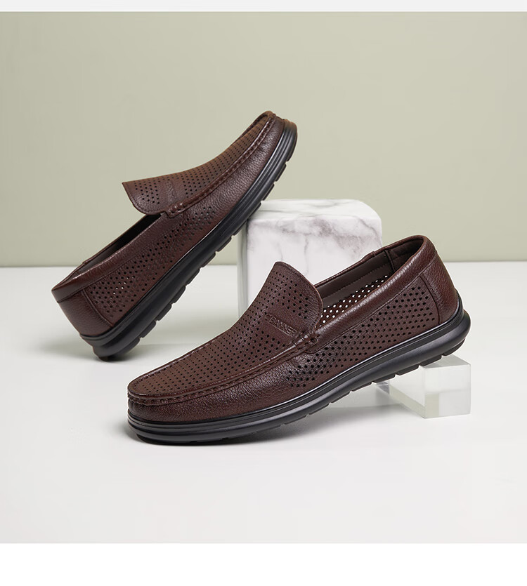 C.BANNER First Layer Cowhide Summer Perforated Breathable Men's Plain Business Casual Loafers Black Size 43 6