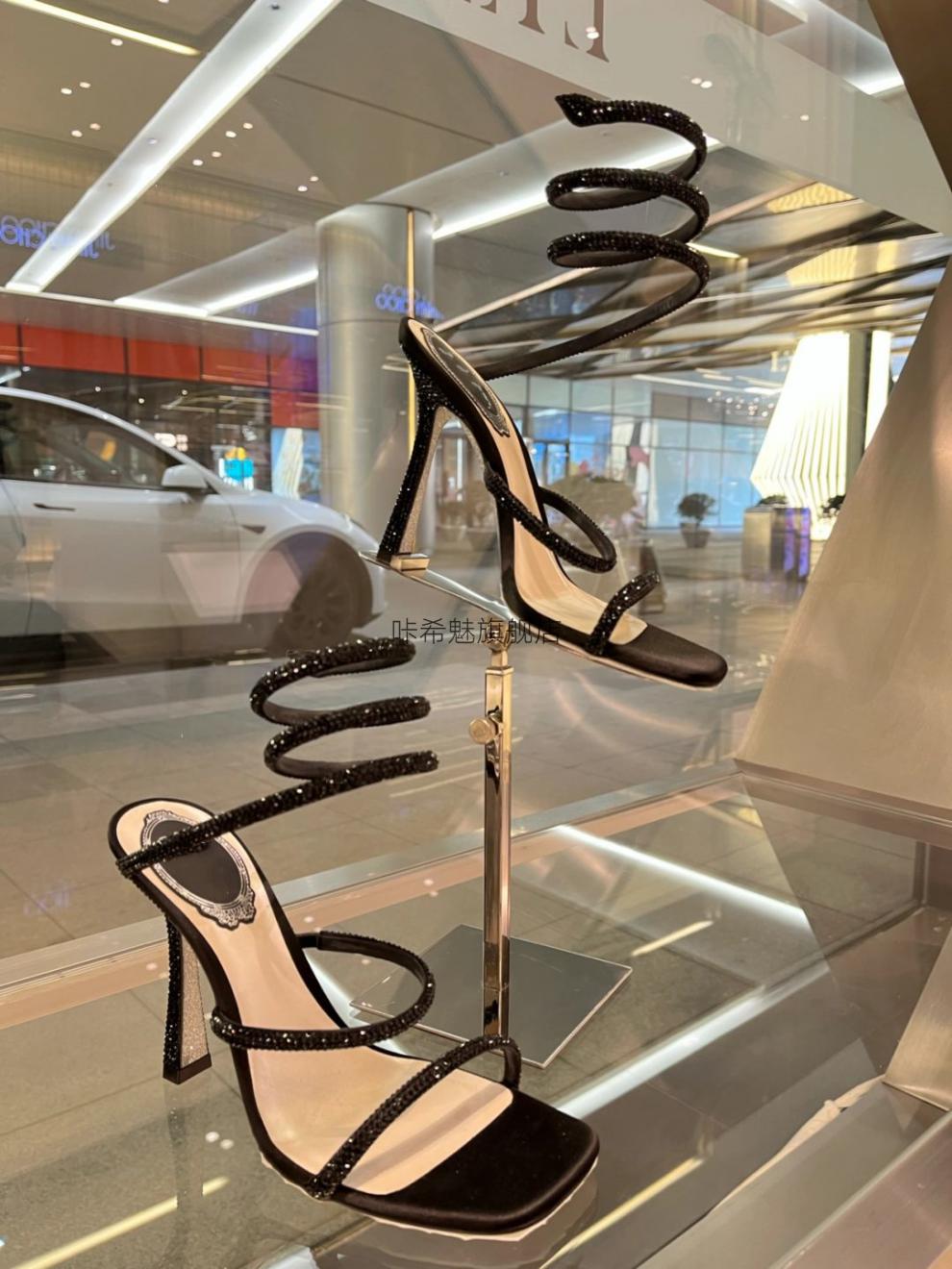 rc高跟鞋2022夏季新款细跟方头露趾一字带凉鞋rc水钻蛇形缠绕性感高跟