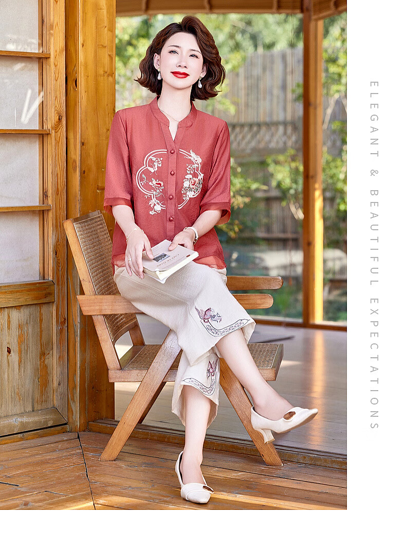 Hodo New Chinese Style Summer Shirt Set for Moms 2026 New 50-60 Years Old Middle-aged and Elderly Women's Two-piece Top Set 19