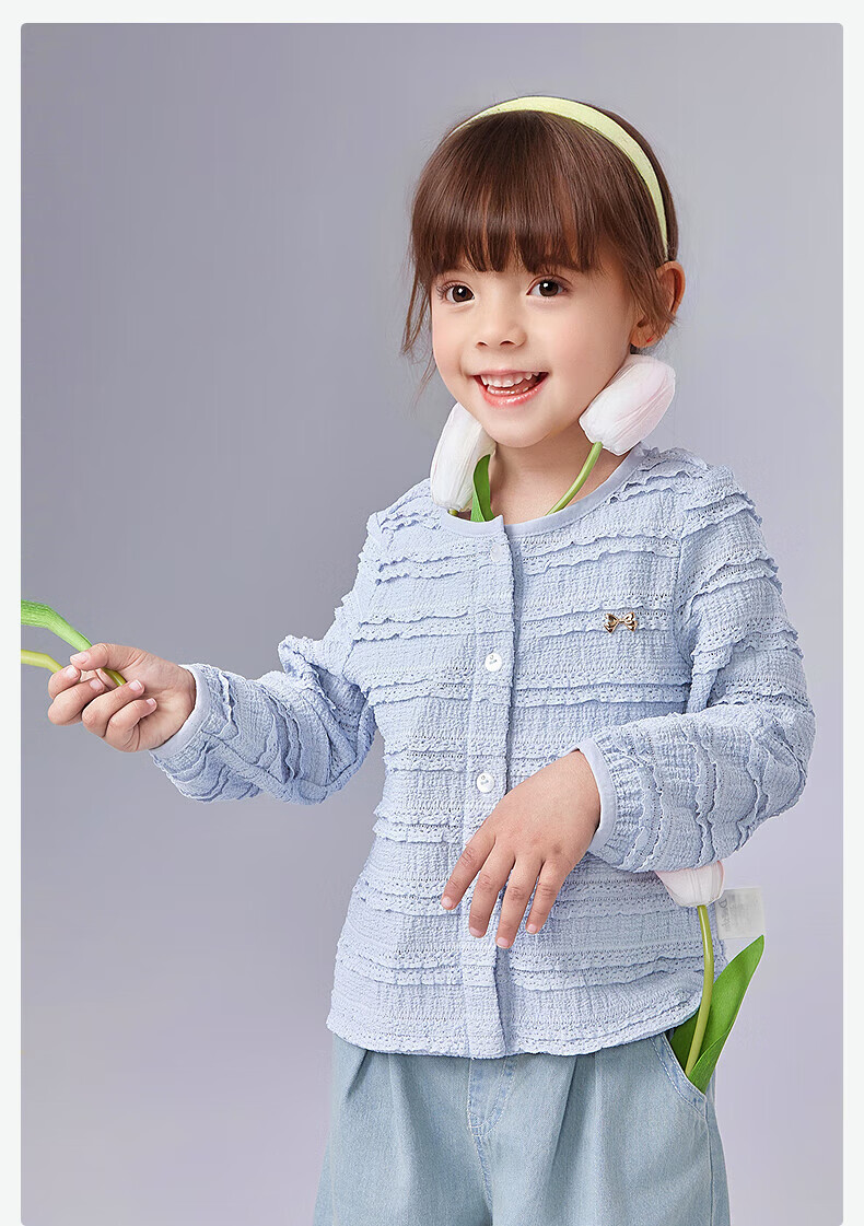 DEESHA Girls' Outerwear, Summer 2025, Sweet Style Knitted Jacket for Baby Girls, Stylish, Sky Blue, Size 100 12
