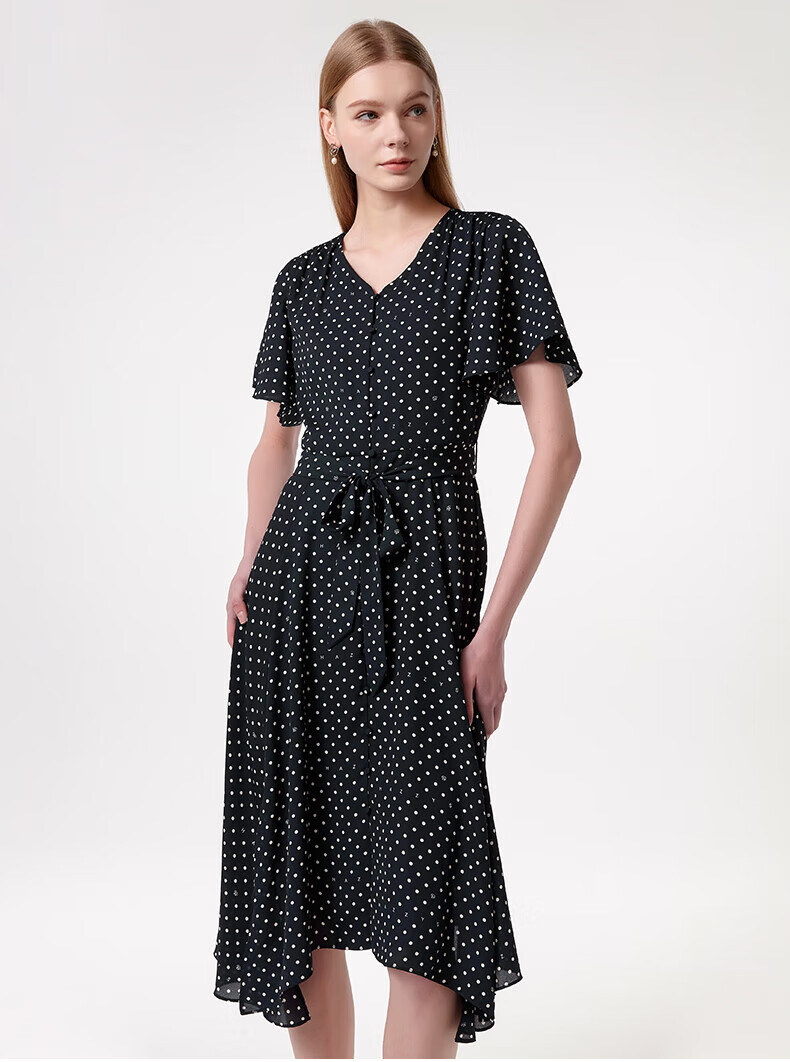 HAZZYS Women's Clothing, Summer PHIZ Anti-Static Wave Dot Print V-Neck Dress for Women, Navy Blue, Size S 2