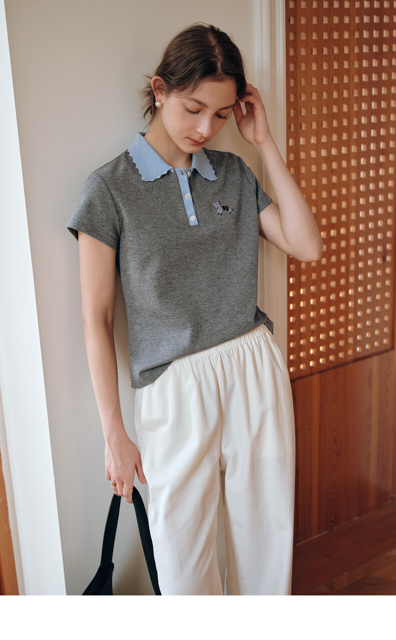 Olrain Colorblock Wave Edge Polo Collar Design T-Shirt Women Summer Short Sleeve Top Gray XL 14