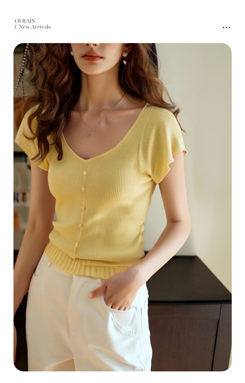 Olrain Yellow French Style Elegant Knitwear Women's Summer Slim Fit Short Top Yellow L 6