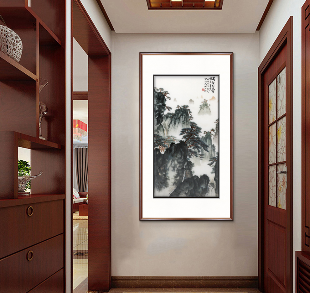 玄关装饰画竖版风水走廊过道挂画新中式山水刺绣画 竹报平安 画框尺寸