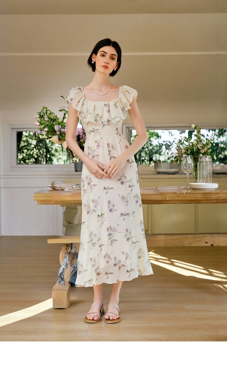 Olrain Purple Gentle French Style Dress Women Summer Square Neck Waist Slimming Long Dress Purple L 14
