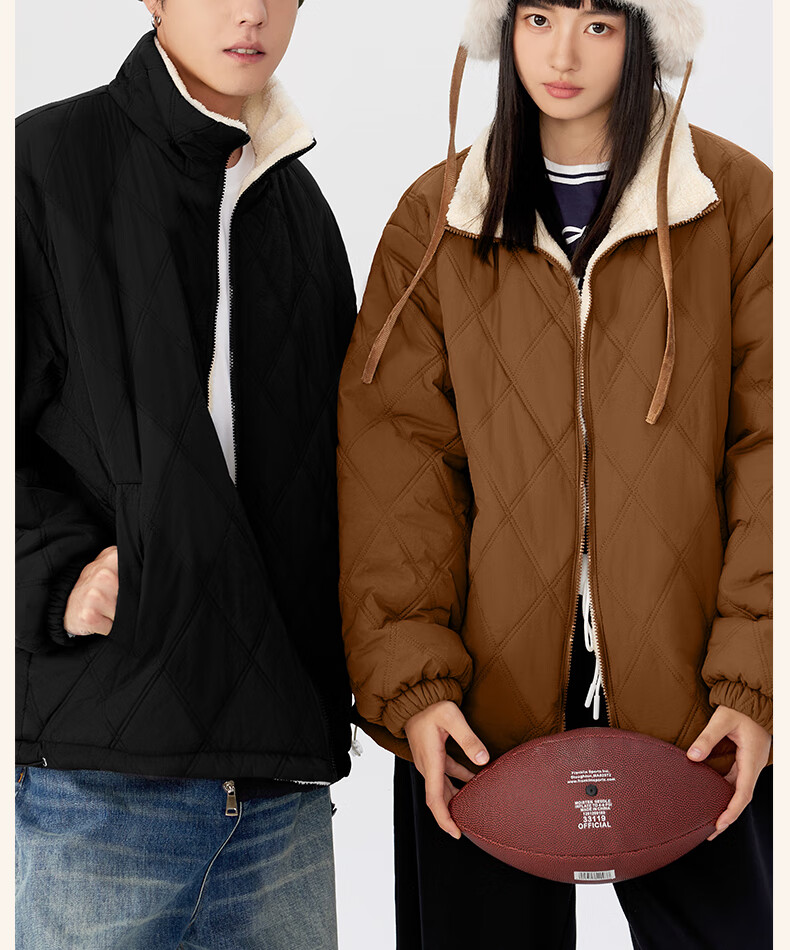 MINISO Men's Winter Warm Cotton Padded Jacket Thickened Fleece Diamond Pattern Casual Stand Collar Coat Black L 6