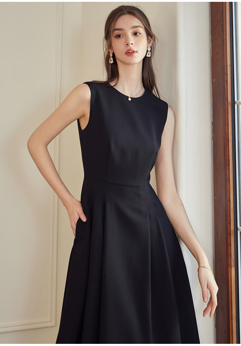 ROEYSHOUSE French Style Waist-Slimming Sleeveless Dress Autumn Commuting Round Neck Dress 09928 Black XL 13
