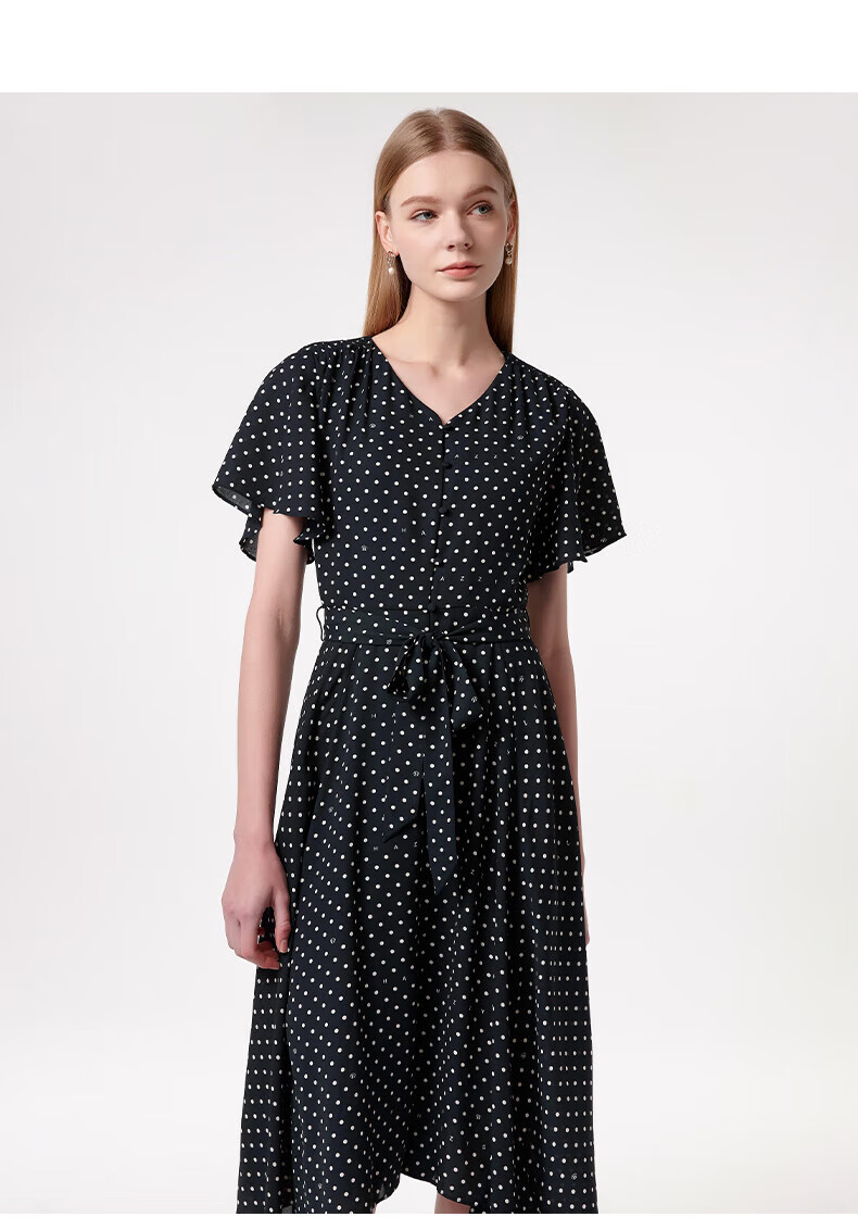 HAZZYS Women's Clothing, Summer PHIZ Anti-Static Wave Dot Print V-Neck Dress for Women, Navy Blue, Size S 7
