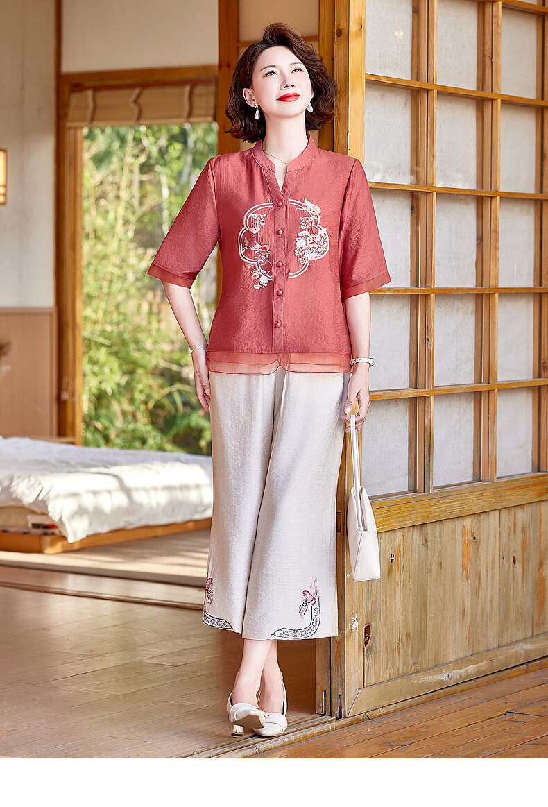 Hodo New Chinese Style Summer Shirt Set for Moms 2026 New 50-60 Years Old Middle-aged and Elderly Women's Two-piece Top Set 15