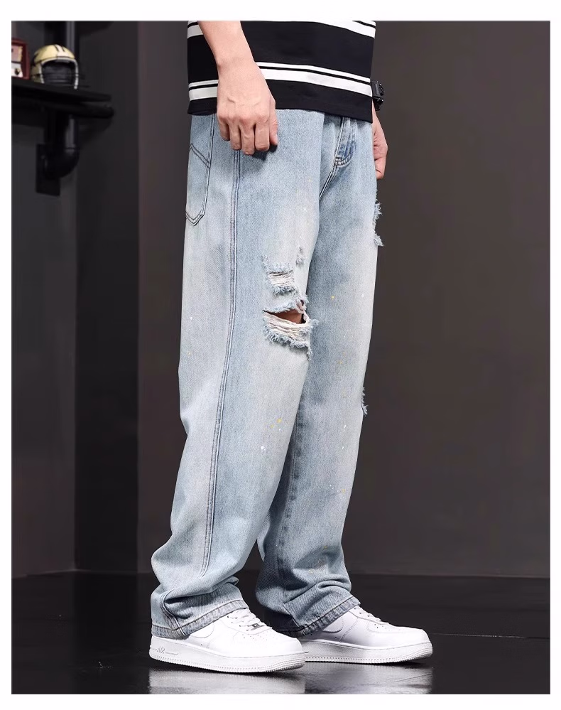 Ripped Jeans Men's 2025 Summer Trendy Brand Loose Straight Casual Pants Personalized Fashion Youth Versatile Beggar Pants, Light Blue 29_mkmklike.com
