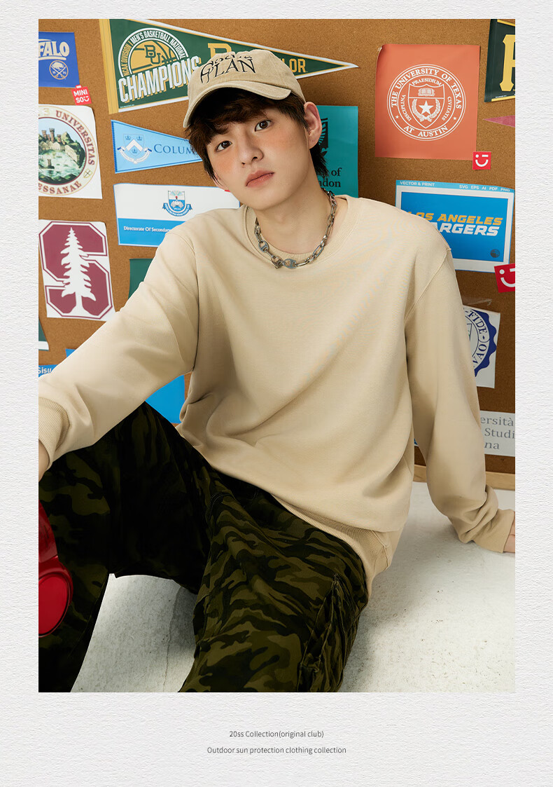 MINISO Youth Sweatshirt for Men, Heavyweight Round Neck Loose Pullover, Spring And Autumn Commuter Versatile Jacket, Light Beige, XL 13