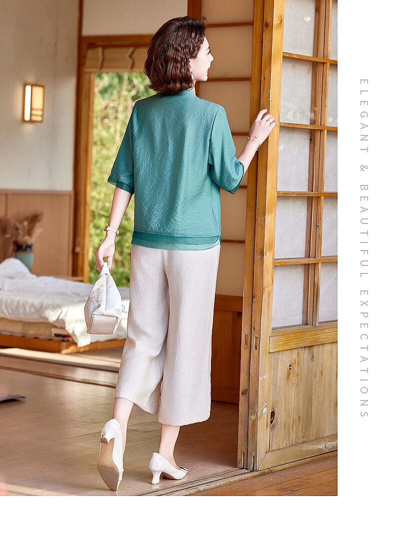 Hodo New Chinese Style Summer Shirt Set for Moms 2026 New 50-60 Years Old Middle-aged and Elderly Women's Two-piece Top Set 14