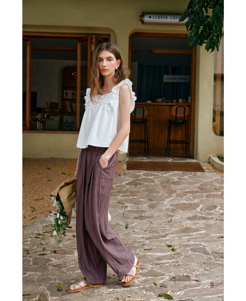 Olrain Women's Loose Lazy Straight-Leg Pants Summer Elastic Waist Casual Pleated Wide-Leg Pants Purple M 22
