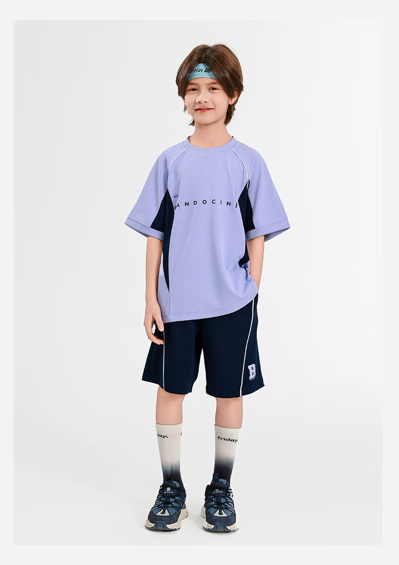 BANDOCIN Boys' Summer Sportswear Sun Protection Short-Sleeve Set for Older Children, Stylish 2026 New Style, Light Purple, Size 160 8