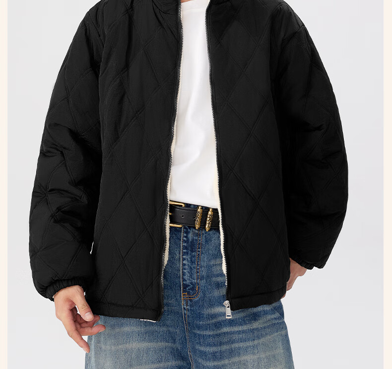 MINISO Men's Winter Warm Cotton Padded Jacket Thickened Fleece Diamond Pattern Casual Stand Collar Coat Black L 2
