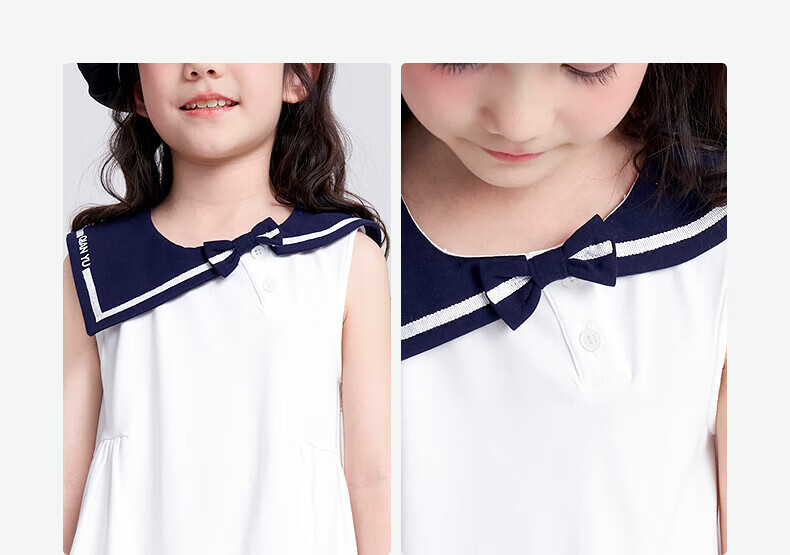 DEESHA Girls' Dress 025 Summer Navy Collar Dress for Older Children, Light Navy Blue, Size 120 3