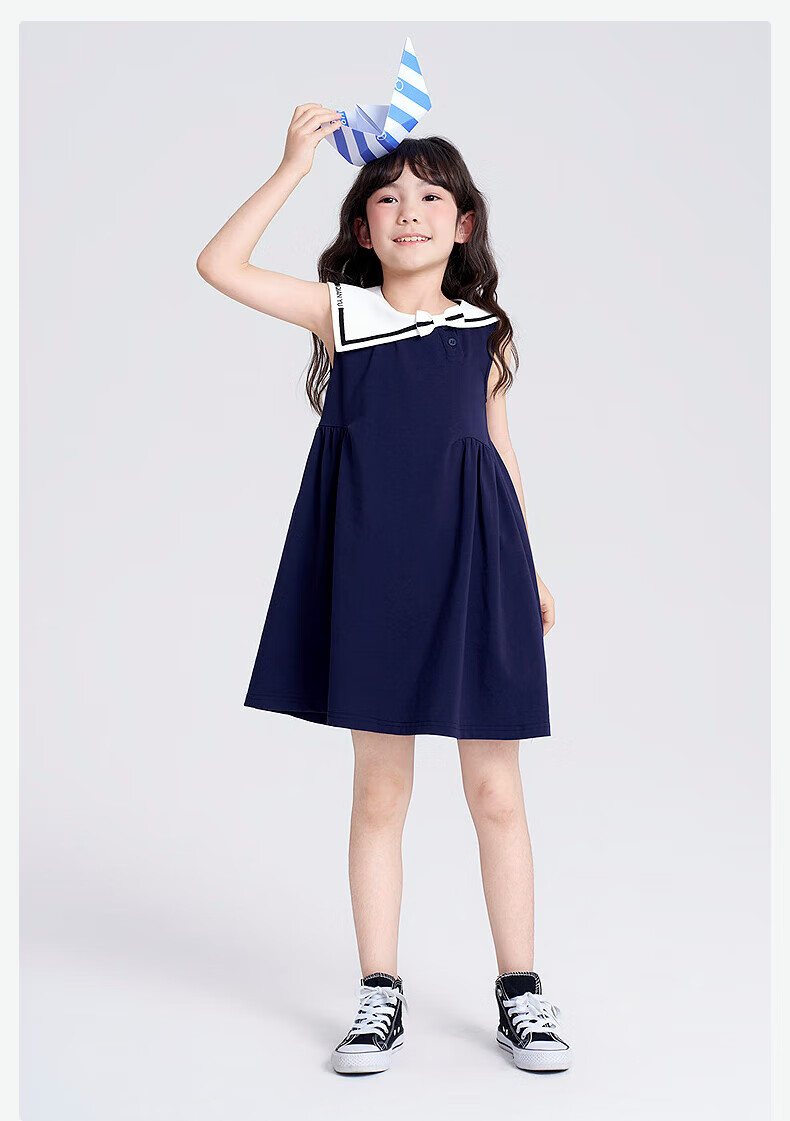 DEESHA Girls' Dress 025 Summer Navy Collar Dress for Older Children, Light Navy Blue, Size 120 12