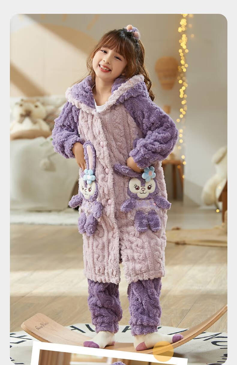 星黛露睡衣星黛露兔子睡袍女童秋冬季加厚珊瑚绒小女孩中大儿童母女长