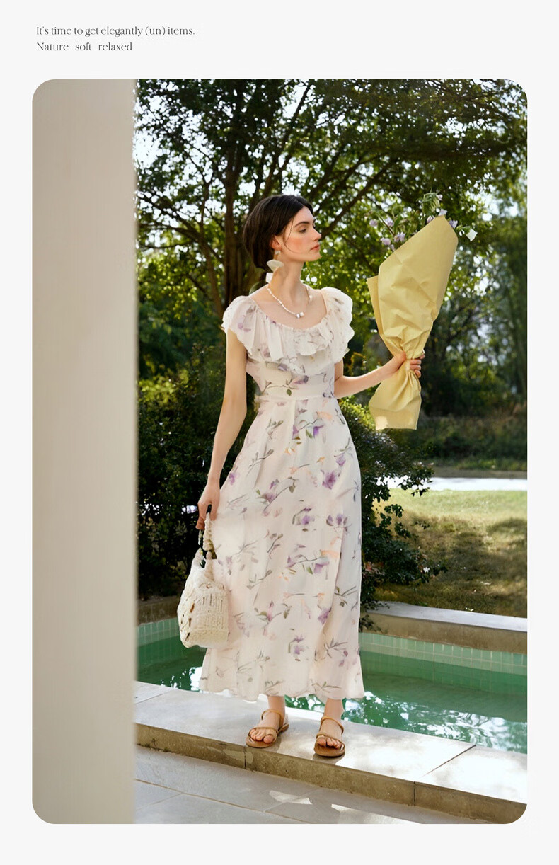 Olrain Purple Gentle French Style Dress Women Summer Square Neck Waist Slimming Long Dress Purple L 11