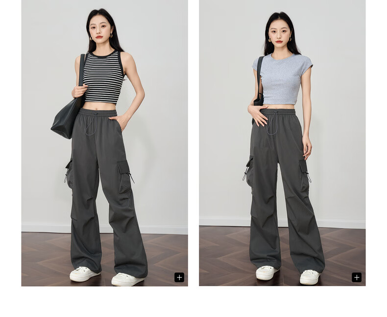 Olrain Women's Gray American Casual Workwear Pants Summer Vintage Sports High-Waist Trousers Gray XL 8