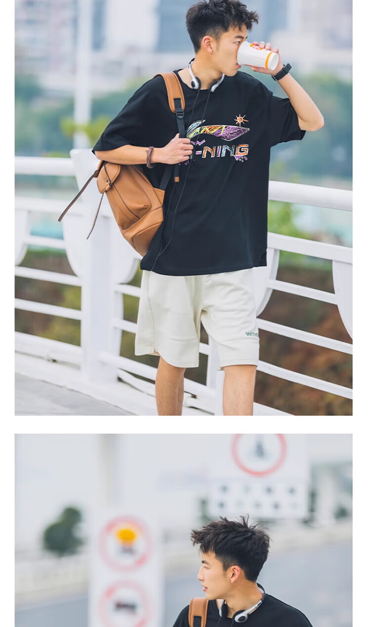 Li-Ning Men's Short Sleeve T-Shirt Summer Loose Casual Large Logo Trendy Cotton Breathable Crew Neck Sports Top 13