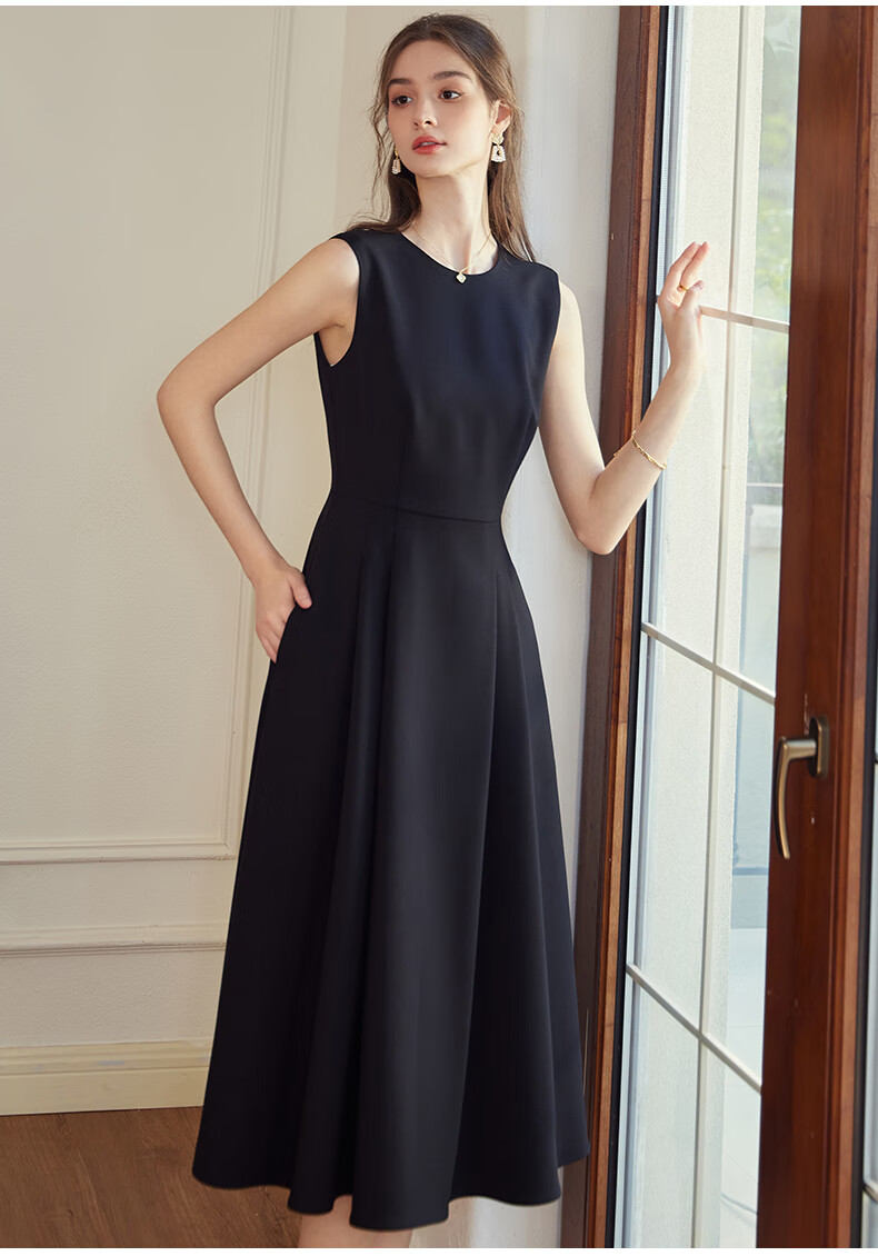 ROEYSHOUSE French Style Waist-Slimming Sleeveless Dress Autumn Commuting Round Neck Dress 09928 Black XL 12
