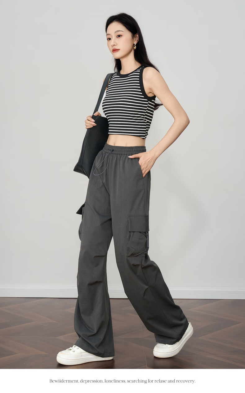 Olrain Women's Gray American Casual Workwear Pants Summer Vintage Sports High-Waist Trousers Gray XL 18