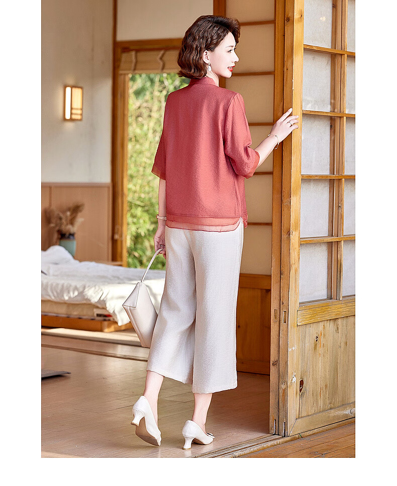 Hodo New Chinese Style Summer Shirt Set for Moms 2026 New 50-60 Years Old Middle-aged and Elderly Women's Two-piece Top Set 20